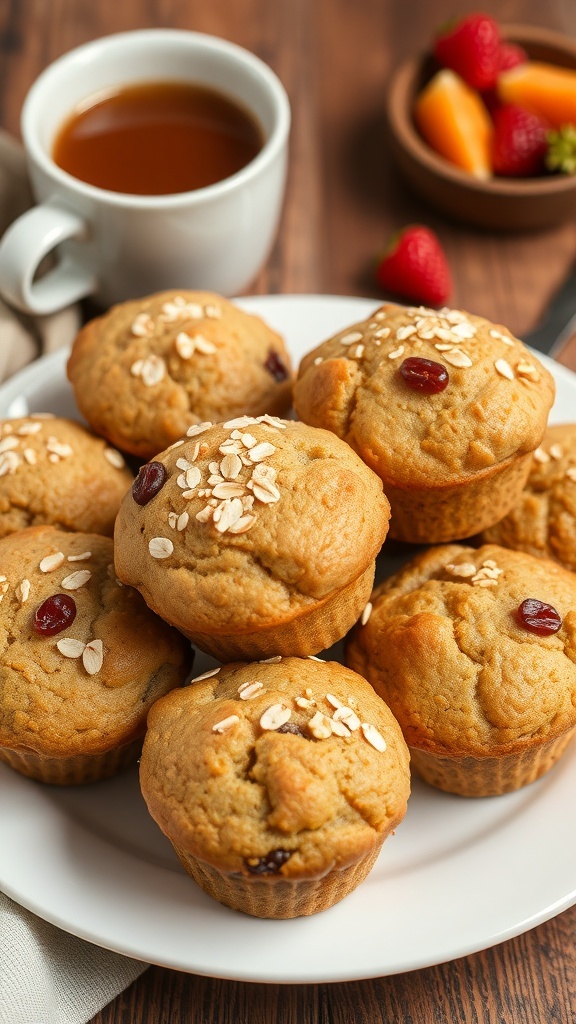 Freshly baked oat bran muffins on a plate with coffee and fruit on a rustic table.